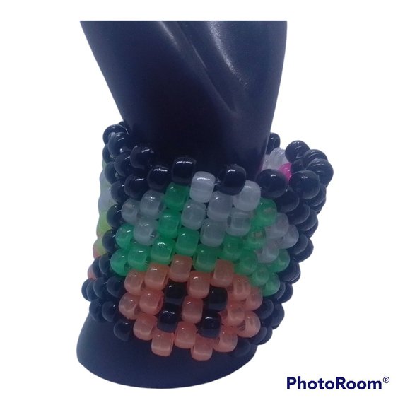 Glow in the Dark Mario Mushroom Kandi Cuff Bracelet.  Pink/Yellow/Green EDC - Picture 3 of 7